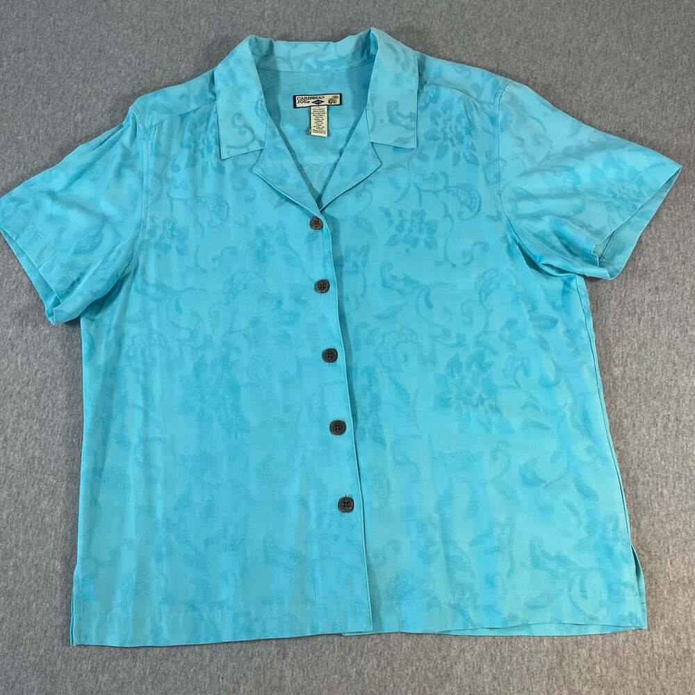 Caribbean Joe Blue Floral Silk Blend Camp Shirt Women’s Size L